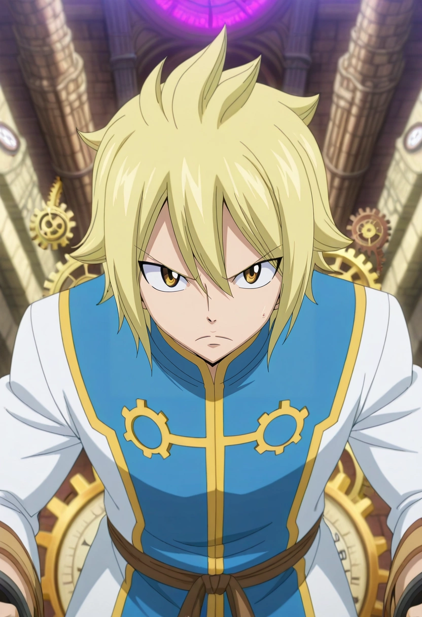 masterpiece, best quality, anime screencap, anime coloring, official style, intricate details, looking at viewer, 1boy, male focus, 1boy, alibaba saluja, blonde hair, golden eyes, solo, time workshop, floating gears, temporal portals, clock towers, adjusting machinery, focused expression, ethereal lighting, <lora:fairy_tail_style_ilxl:1>, fairy_tail_style,