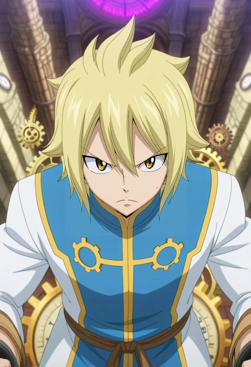 masterpiece, best quality, anime screencap, anime coloring, official style, intricate details, looking at viewer, 1boy, male focus, 1boy, alibaba saluja, blonde hair, golden eyes, solo, time workshop, floating gears, temporal portals, clock towers, adjusting machinery, focused expression, ethereal lighting, <lora:fairy_tail_style_ilxl:1>, fairy_tail_style,