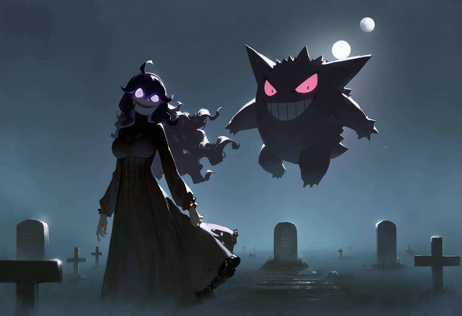 astero, scenery, pokemon \(creature\),
dino_(dinoartforame),
masterpiece,best quality,very aesthetic,newest,
gengar,
1girl,
hex maniac,
purple hair, floating hair,
dress, large breasts, glowing eyes, evil smile,
night, dark, moon, tombstone, cemetery, fog, dark <lora:AsteroIllustriousXL_byKonan:1>