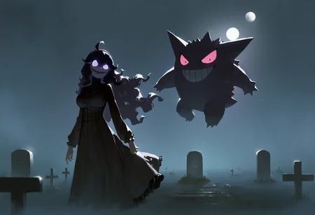 astero, scenery, pokemon \(creature\),
dino_(dinoartforame),
masterpiece,best quality,very aesthetic,newest,
gengar,
1girl,
hex maniac,
purple hair, floating hair,
dress, large breasts, glowing eyes, evil smile,
night, dark, moon, tombstone, cemetery, fog, dark <lora:AsteroIllustriousXL_byKonan:1>
