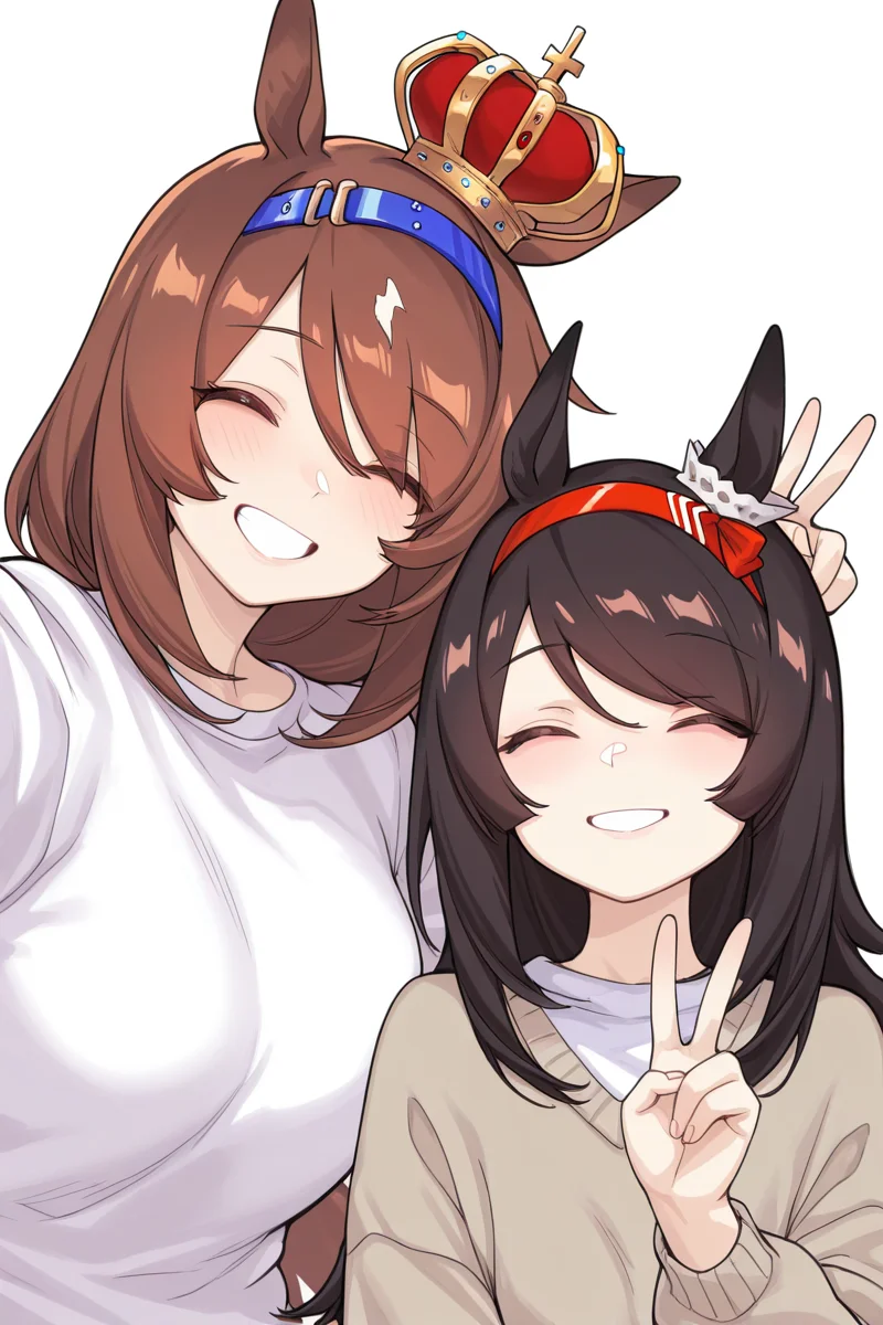 masterpiece, best quality, amazing quality,
<lora:SloBid_IL:1> slobid, multiple girls, 2girls, animal ears, horse ears, hairband, crown, closed eyes, sweater, upper body, bangs, v, long hair, black hair, smile, brown hair, shirt, white shirt
