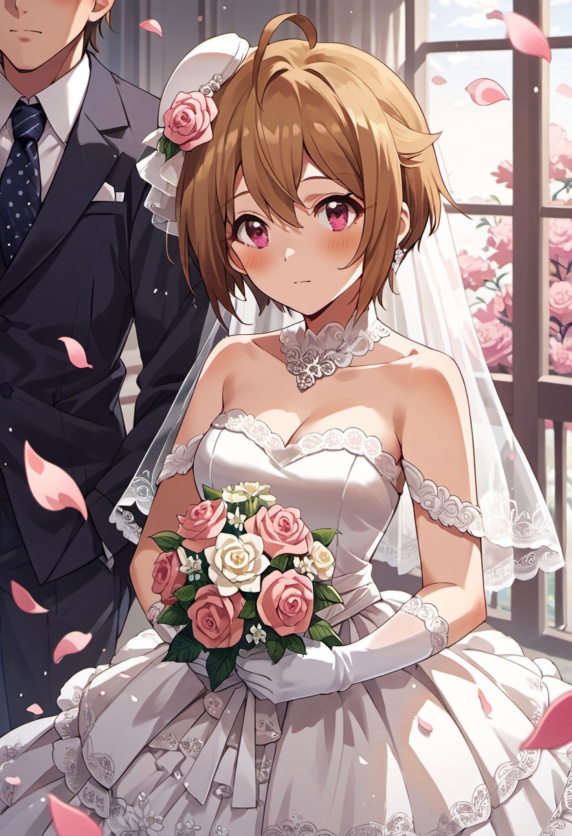 score_9, score_8_up, score_7_up, source_anime,ibuki tsubasa, short hair, ahoge, pink eyes, brown hair, dress, gloves, flower, white dress, petals, wedding dress, hat, 1girl, rose, formal, blush, solo focus