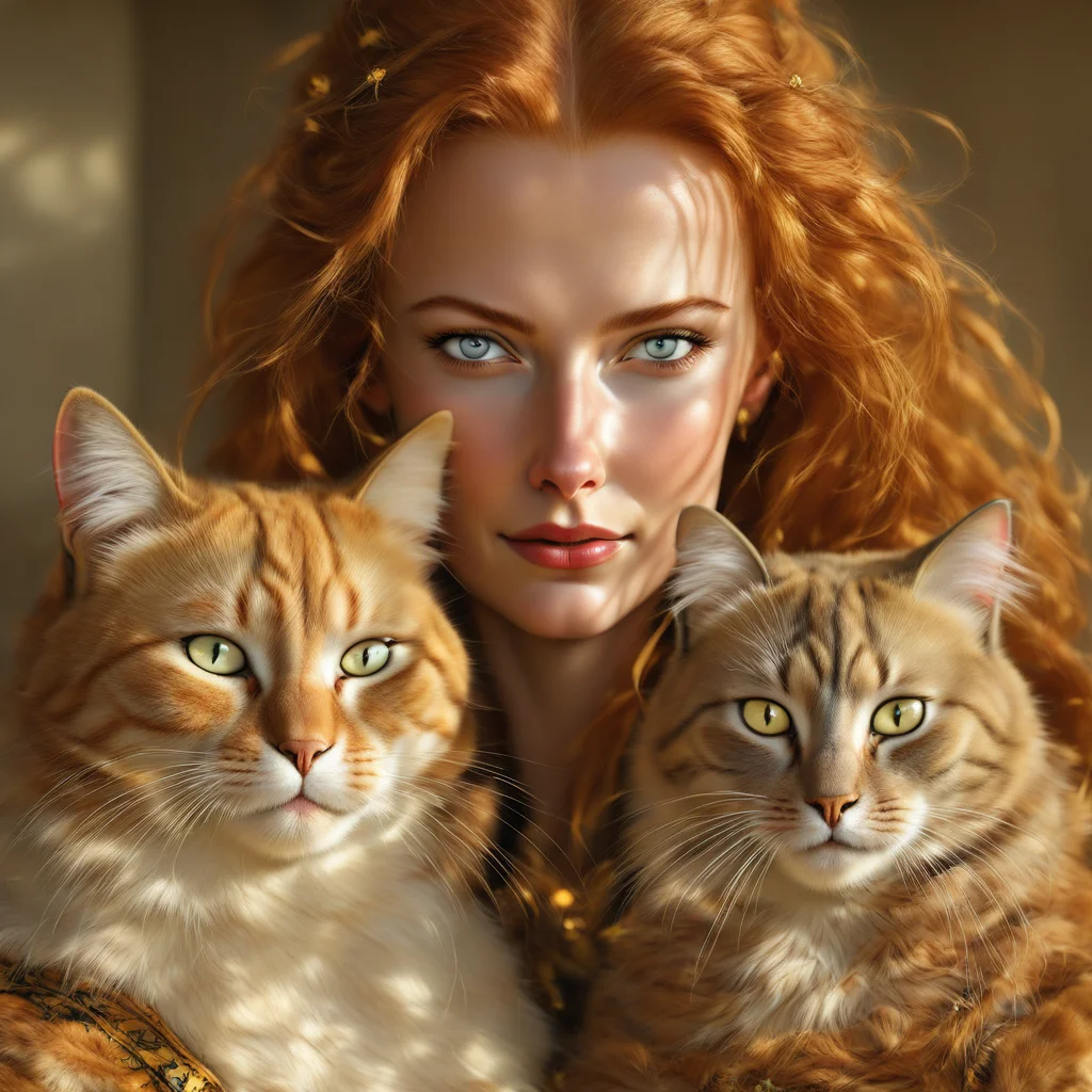 nbn-freyja, auburn hair, freyja, woman, cat, portrait, close up, realistic