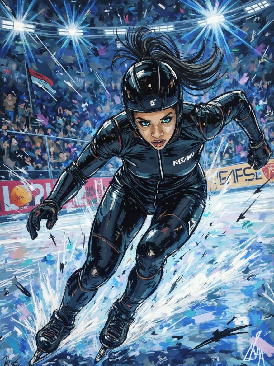 <lora:ck-Ivan-Beslic-Art-Style-000019.safetensors:1> A highly detailed and vibrant digital painting in the style of ck-ib
Imagine a high-octane anime scene: a determined woman speed skating like her life depends on it, encased in a glossy black onesie that accentuates every muscle. Her bright turquoise eyes burn with focus as she carves through the ice, her dark hair whipping back and forth. The crowd in the stands is a swirling vortex of colorless chaos, while the lighted arena bathes everything in an electric glow – it's pure, unadulterated energy. This image is one part precision, two parts raw power, and all parts adrenaline-fueled thrill ride.
