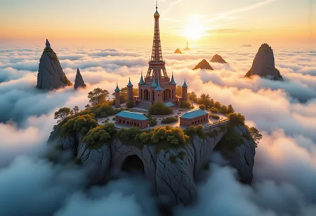 the most realistic, photorealistic photo ever taken [flythrough a VAST mystical city on an island floating in the clouds, GOLDEN HOUR, a dream world , shifting landscapes, and ethereal creatures, Captured with a Hasselblad X2D 100C and an 80mm f/1.9 lens, hyper-realistic textures, soft studio lighting, elegant shadows, styled for a Vogue beauty editorial, incredible realism, creamy bokeh, ultra-detailed textures, perfect lighting, styled for a Vogue cover]  aidmaimageupgrader, aidmamj6.1