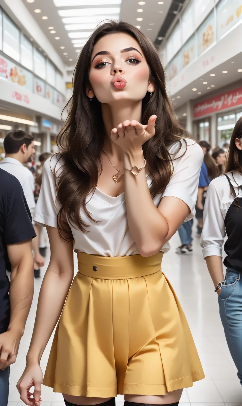 score_9, score_8_up, score_7_up, blaiki, wionha, (slim 25 years old woman) in yellow skirt and white blouse is blowing an air kiss with one hand, standing in a crowded mall. black (holdup stockings), necklace, long brunette hair
<lora:AirKissPony:1>