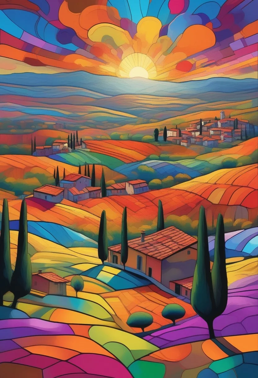 Rolling hills of Tuscany in a vibrant psychedelic style, with bold, surreal colors separated by sharp black lines, creating a stained-glass effect. A small village in the distance with terracotta rooftops and stone walls, stylized with vivid hues of purple, blue, and orange. Cypress trees and wildflowers rendered in exaggerated, kaleidoscopic patterns. Golden sunlight breaking through in fragmented beams, casting a dreamlike glow over the landscape. Highly detailed, surreal composition, inspired by psychedelic art and Italian countryside aesthetics, 8K resolution, vivid and trippy yet harmonious color palette, a mesmerizing and otherworldly mood.