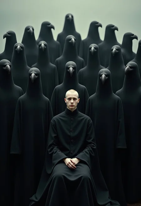 Depict a surreal gathering of black-robed figures with bird-like heads, their forms arranged in a tiered pattern, creating a powerful visual hierarchy. At the center sits a pale, serene human figure, their stark contrast illuminated by soft, ambient lighting. The subdued tones and diffused glow enhance the mysterious and otherworldly atmosphere.