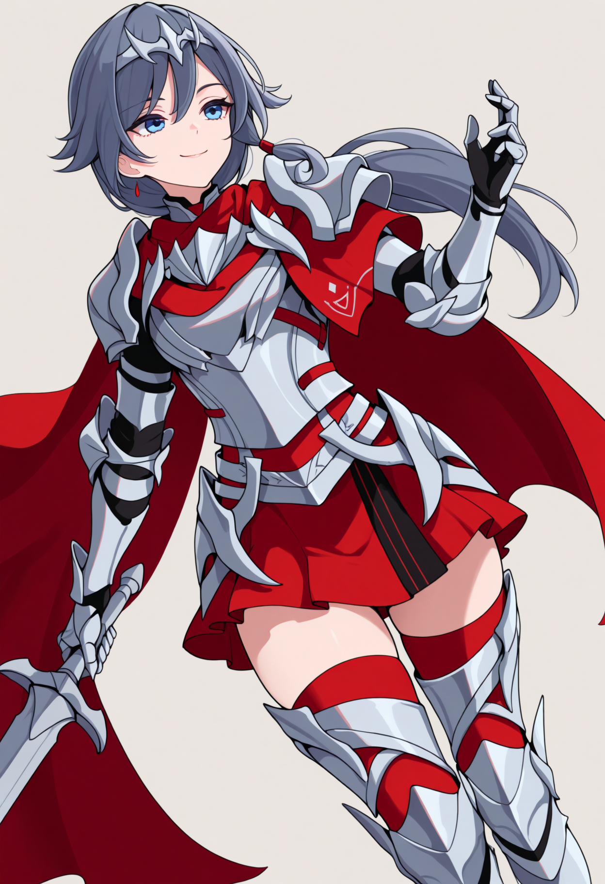 masterpiece, best quality, 1girl, solo, HuaFiASw, blue eyes, grey hair, long hair, low ponytail, circlet, silver armor, red cape, silver gauntlets, red skirt, red thighhighs, silver armored boots, holding sword, smile, dutch angle, simple background, <lora:ChamFuHuaNoob:1>