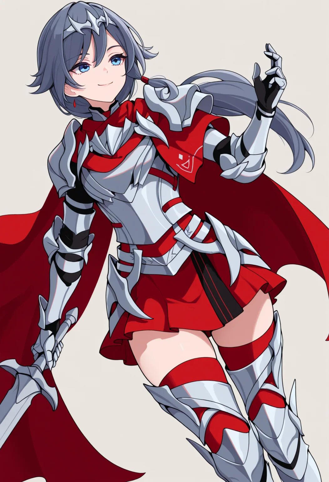 masterpiece, best quality, 1girl, solo, HuaFiASw, blue eyes, grey hair, long hair, low ponytail, circlet, silver armor, red cape, silver gauntlets, red skirt, red thighhighs, silver armored boots, holding sword, smile, dutch angle, simple background, <lora:ChamFuHuaNoob:1>