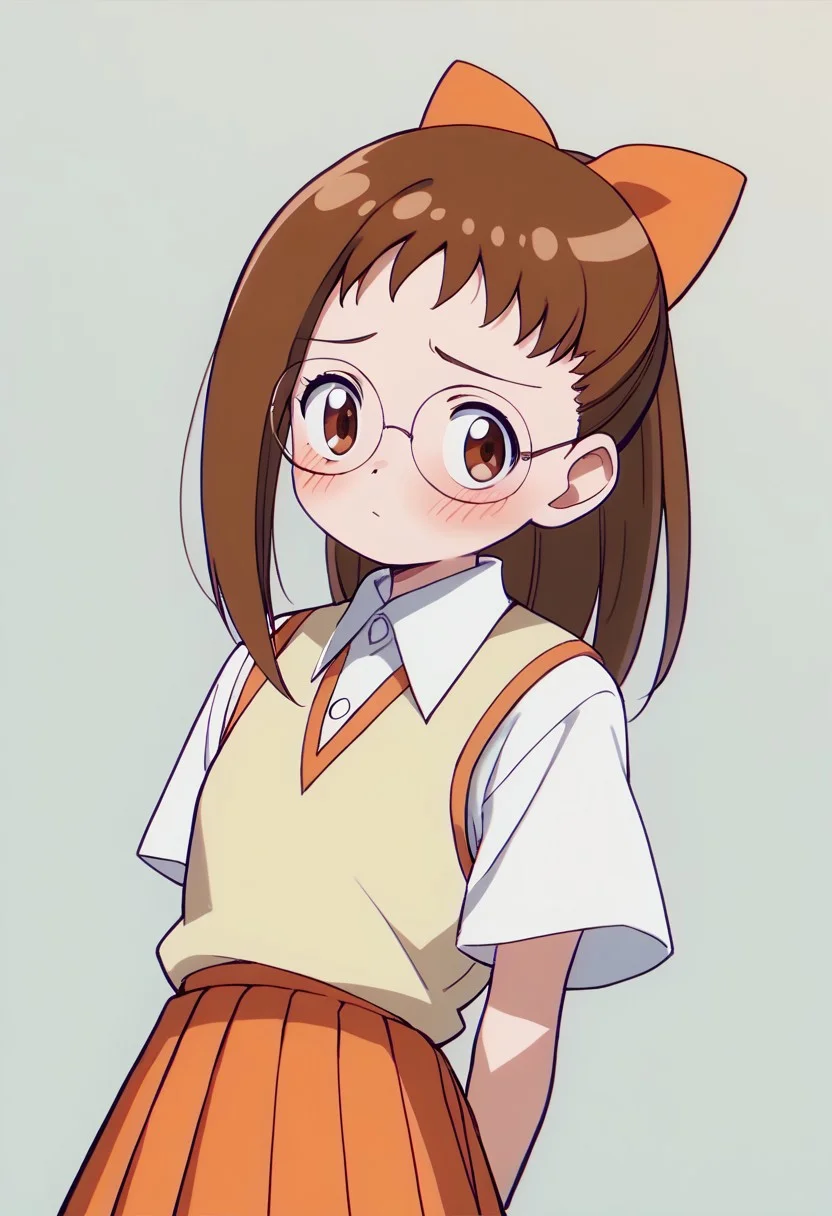 score_9, score_8_up, score_7_up BREAK Hazuki1, 1girl, brown hair, ponytail, brown eyes, glasses, orange bow, soft yellow waistcoat, short-sleeved collared white buttoned shirt, pleated orange skirt, cowboy shot, hands behind back, blushing, looking to the side,