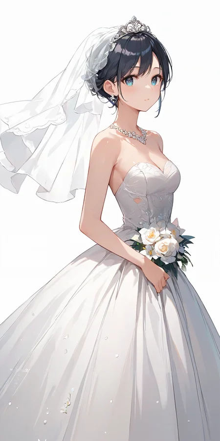 score_9, score_8_up, score_7_up,source_anime, high res image,masterpiece,best quality,adult woman,cute face,clear skin,shiny hair,ultra detailed eyes,simple background, <lora:wedding dress_pony_V1.1:0.8> wedding dress, flower