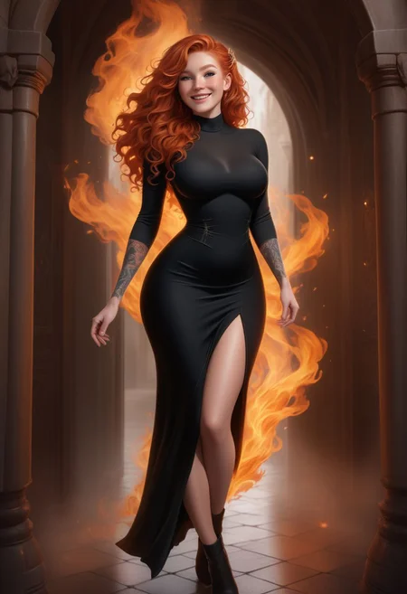 In Dungeons and Dragons style, full view of the body, black inked dragon tattoo on leg, beautiful ginger haired, wavy hair, raw photo, smiling, happy face, realistic body, more detail, freckle, busty, 30 yo, fantasy fire sorceress, standing in fantasy castel corridor, large breast, chest size 120 cm, hip size 100 cm, style-bridal, side slit, low cut dress