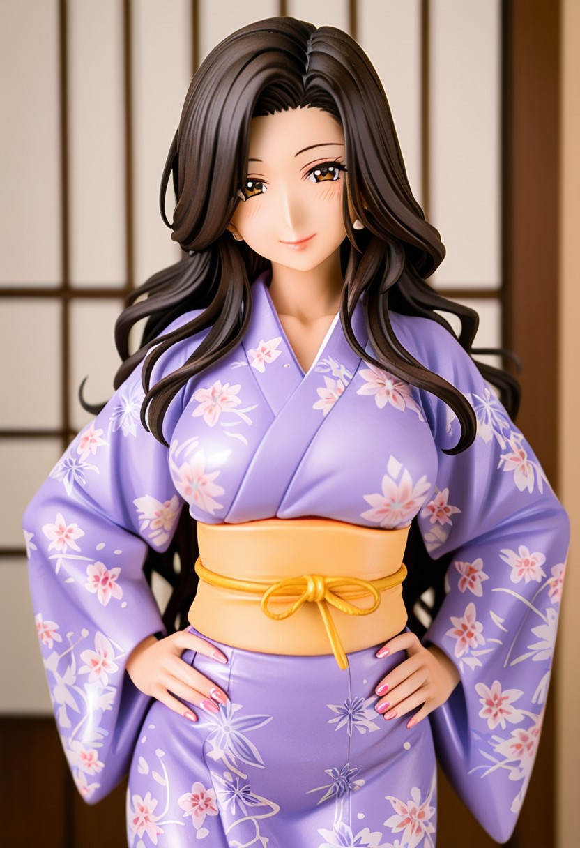 Gen_Gyaru_2, mature female,1girl,solo,black hair,mole under eyes,retro artstyle,1990s (style),brown eyes,long hair,kimono,cowboy shot,hands on own hips,looking at viewer,indoors,smile
