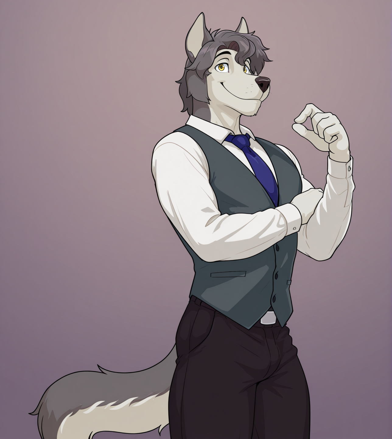 (solo), anthro, male, shirt, dark pants, vest, looking at viewer, yellow eyes, smile, pose, posing, pinup, sexy pose, 
BREAK masterpiece, best quality, amazing quality, very aesthetic, high resolution, ultra-detailed, absurd res, newest,  <lora:Rask:1> rask