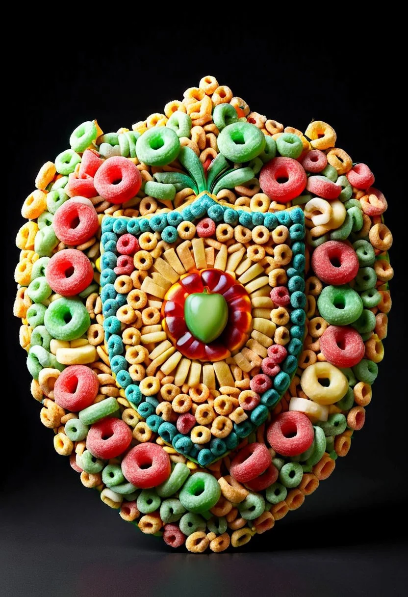A photorealistic image of a majestic shield (made of fruit loops:1.2),
intricate details, dramatic composition, tension, contrast, texture, realism, high quality, stunning art, film grain, volumetric lighting, detailed,
simple background, black background,