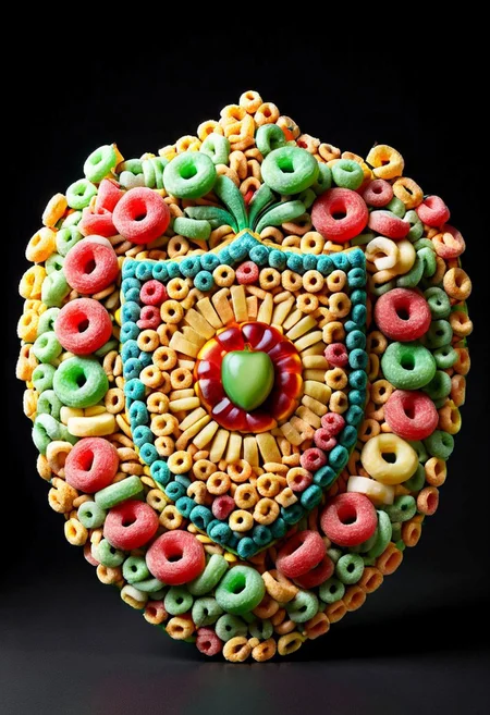 A photorealistic image of a majestic shield (made of fruit loops:1.2),
intricate details, dramatic composition, tension, contrast, texture, realism, high quality, stunning art, film grain, volumetric lighting, detailed,
simple background, black background,