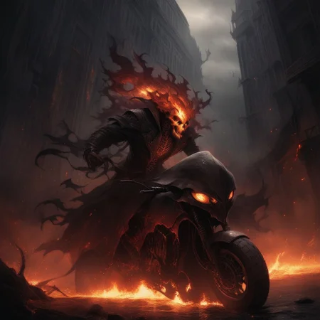 Dark Fantasy Art, Dark Moody Atmosphere, dramatic, mysterious, dark moody atmosphere, dark, moody, dark fantasy style, realistic anime,
BREAK,
Ghost Rider rockets up the skyscraper, his flaming motorcycle scorching a fiery path over glass and steel,
BREAK,
His skull, engulfed in hellfire, casts a sinister, flickering glow, with empty eye sockets seething with vengeful fire,
BREAK,
Flames curl around his skeletal form, his leather jacket and pants seared and frayed, smoldering as he rides,
BREAK,
Each wheel turn burns the glass, leaving molten streaks that trail behind him, and the building quakes under his ascent,
BREAK,
His engine’s roar echoes against the steel, blending with the hiss of flames in a symphony of raw, otherworldly power,
BREAK,
sitting on his bike, cracked roadway, cracked road, skull, from side, low angle shot,