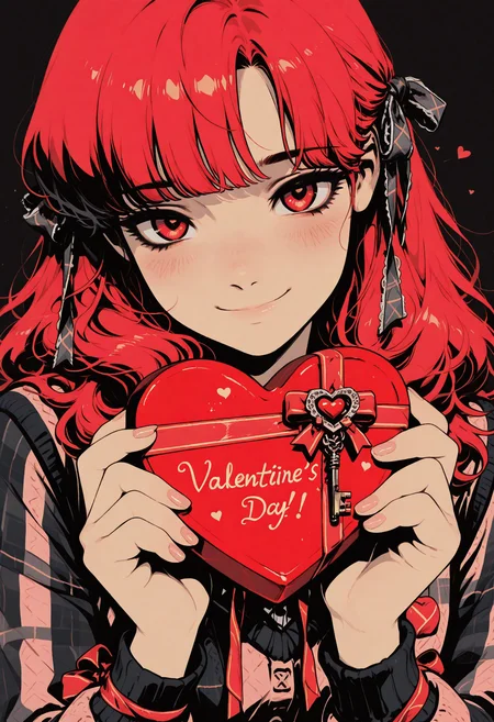Photo of anime girl holding a heart-shaped box, close-up, one girl, solo, box, long hair, red eyes, Valentine's Day, smiling, happy Valentine's Day, looking at the viewer, blush, jewelry, lots of small heart decorations in hair, wavy long, fluffy red hair, holding, heart, upper body, heart-shaped box, long sleeves, arranged bangs, sweater, closed mouth, detailed and careful background, nice background, webtoon, expressive, tied ribbon decoration, pleated skirt, checked tartan, layered ruffles, lace hair ribbon, faintly pink light makeup, popular model Valentine's Day outfit, long boots with key chain, cute nails,
sinozick style, flat color, dark theme, in the style of cksc, illustration, masterpiece, (extremely detailed CG 8k), (very fine 8K CG), (ultra detailed perfect piece:1.2), lat color, no lineart,,(no lineart, flat art style:1.0), NO_LINE_ART, comical, simple,
<lora:Sinozick_Style_XL_Pony:0.35> <lora:NOOB_vp1_detailer_by_volnovik_v1:1> <lora:ponyv6_noobV1_2_adamW:0.9> <lora:ck-shadow-circuit-IL:1>