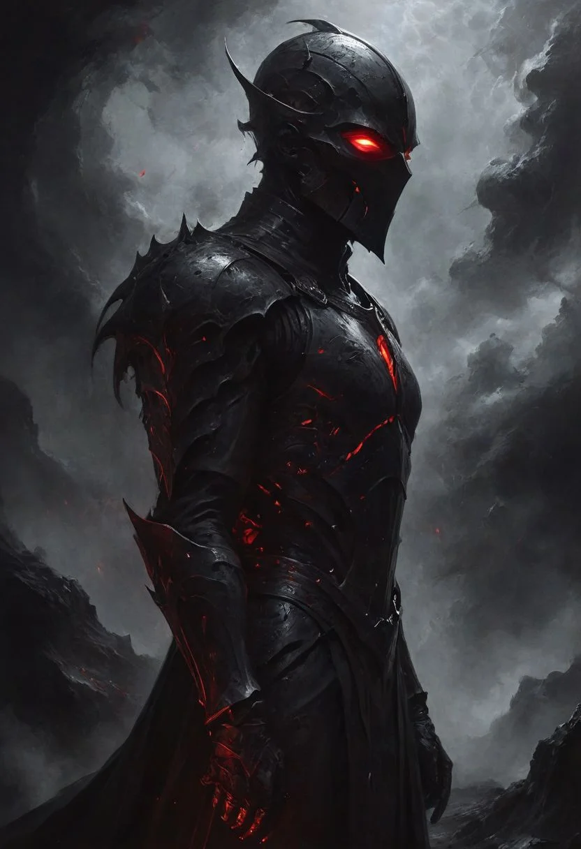 deep endless black, a man standing alone in the void, Eldritch, a knight in armor of the deepest black, tidal waves of crimson, desolation, a mask that hides his essence, evil villain, (high contrast, deep shadows, glowing red accents)