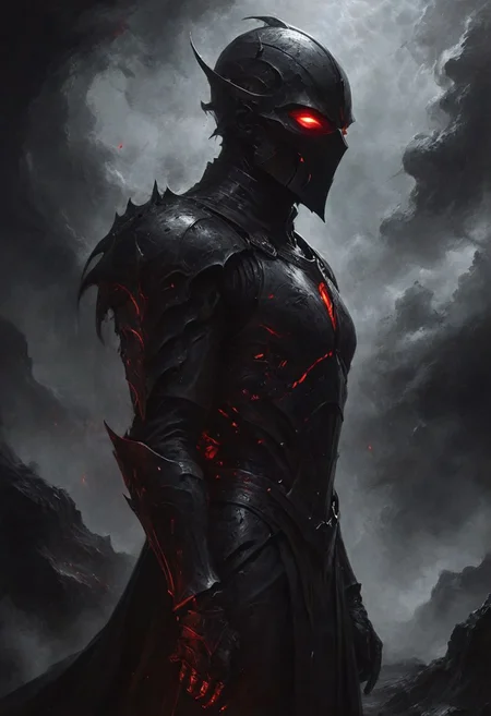 deep endless black, a man standing alone in the void, Eldritch, a knight in armor of the deepest black, tidal waves of crimson, desolation, a mask that hides his essence, evil villain, (high contrast, deep shadows, glowing red accents)