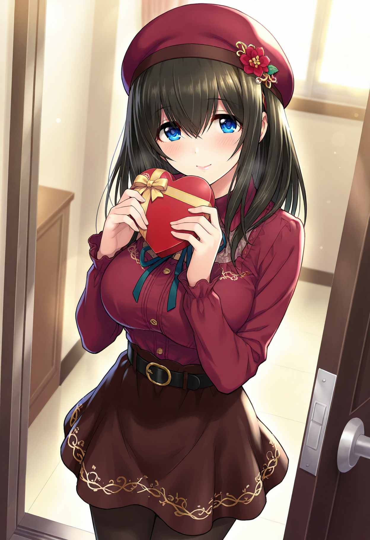 masterpiece, best quality, absurdres, highres,
idolmaster cinderella girls starlight stage, official art,
valentine,
sagisawa fumika, blue eyes, black hair, long hair, large breasts,
1girl, solo, blush, smile, lips,
<lora:erisu barenntainn IL v1:0.6>,
red beret, hat ornament,
neck ribbon,
red collared shirt, long sleeves,
black belt,
brown skirt,
black pantyhose,
gold trim,
heart-shaped box,
indoors, red flower,