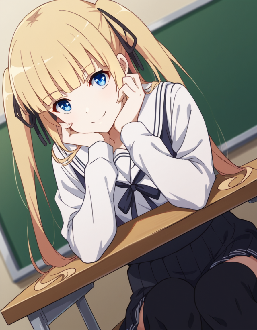 score_9, score_8_up, score_7_up, source_anime, <lora:eriri-spencer-sawamura-s2-ponyxl-lora-nochekaiser:1>, eriri sawamura spencer, blonde hair, blue eyes, blunt bangs, hair ribbon, hime cut, long hair, twintails,, black ribbon, black skirt, black thighhighs, pleated skirt, ribbon, school uniform, skirt, zettai ryouiki,, indoors, smile, looking at viewer, solo, sitting, head rest, table,, cowboy shot, dutch angle