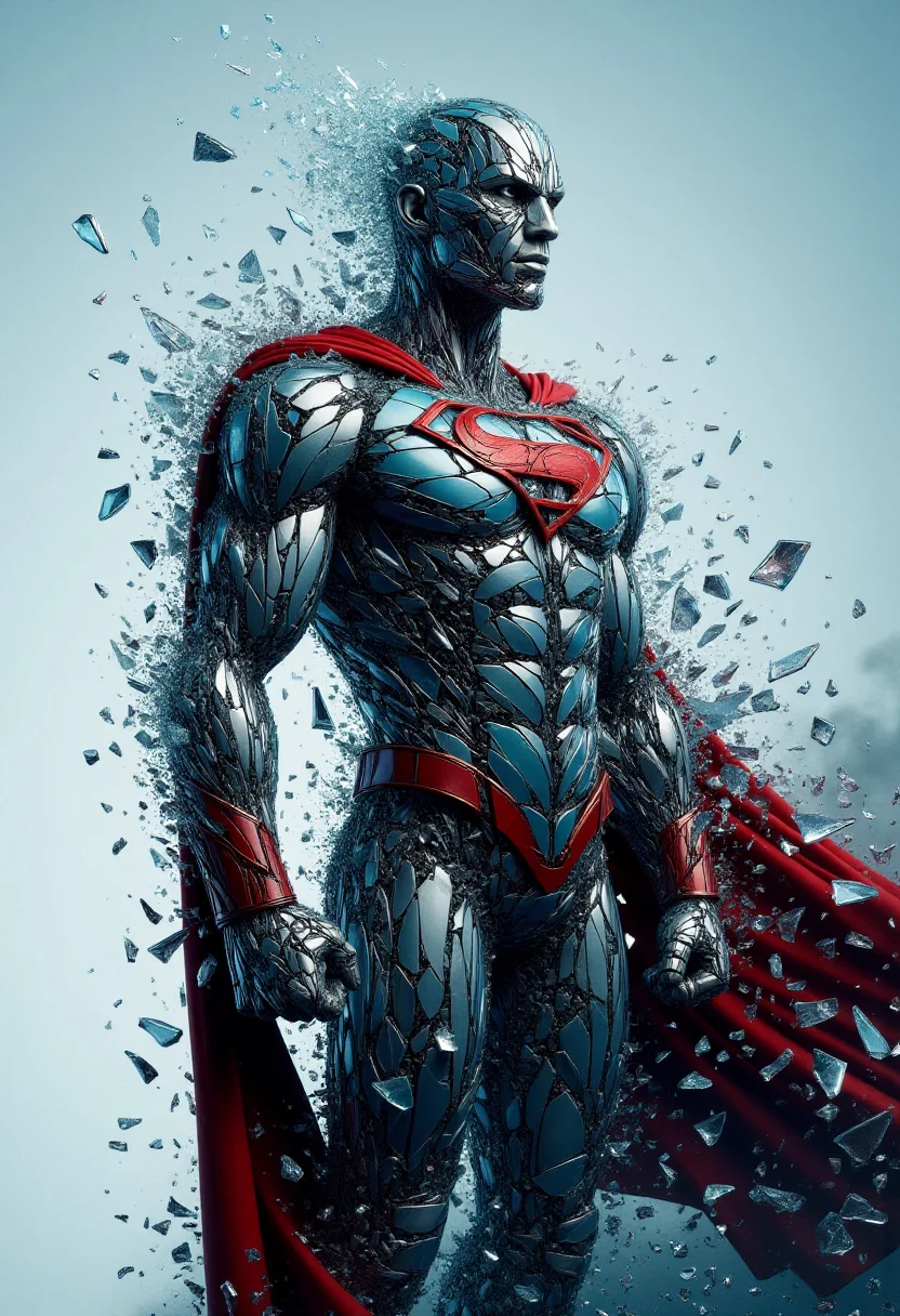 <lora:Glass_Fracture_Former_FLUX-000017:0.9>
This is a digital artwork featuring a stylized, surreal image of a superhero made entirely of shattered glass.