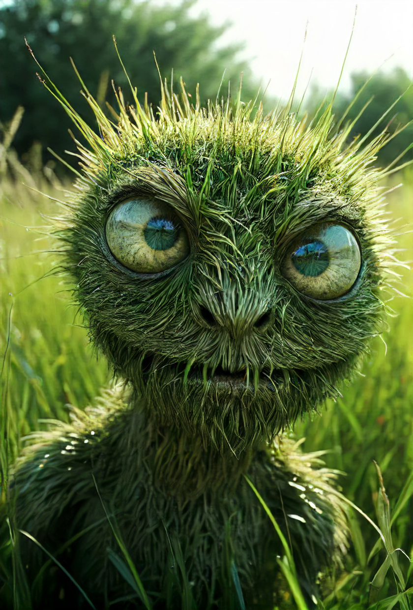 depiction of a strange looking grass creature threatening you to touch it, expressive face, confused, intense eyes, high quality, intricate details, mystery and emotion, composition, moody, atmospheric, bright sunny day, playful, lush beautiful,