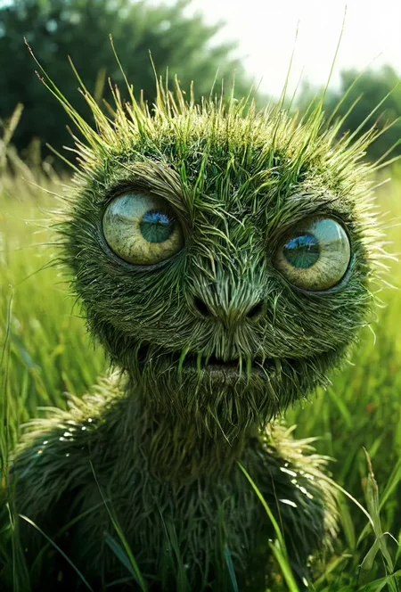 depiction of a strange looking grass creature threatening you to touch it, expressive face, confused, intense eyes, high quality, intricate details, mystery and emotion, composition, moody, atmospheric, bright sunny day, playful, lush beautiful,