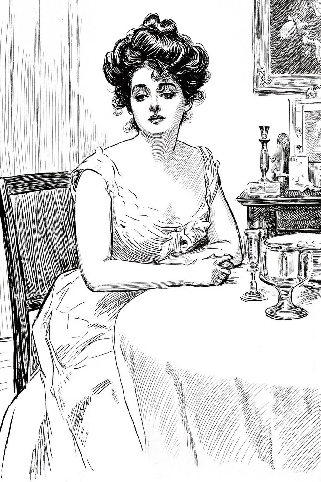 charlesdgibson1 illustration.
A woman sitting at a table in a dining room. The woman has dark, curly hair styled in an updo with loose tendrils framing her face. <lora:charlesdgibson1_cap_d8a4:1.0><lora:839936706770761524:0>