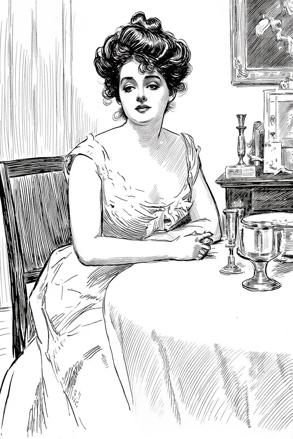 charlesdgibson1 illustration.
A woman sitting at a table in a dining room. The woman has dark, curly hair styled in an updo with loose tendrils framing her face. <lora:charlesdgibson1_cap_d8a4:1.0><lora:839936706770761524:0>