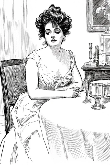 charlesdgibson1 illustration.
A woman sitting at a table in a dining room. The woman has dark, curly hair styled in an updo with loose tendrils framing her face. <lora:charlesdgibson1_cap_d8a4:1.0><lora:839936706770761524:0>
