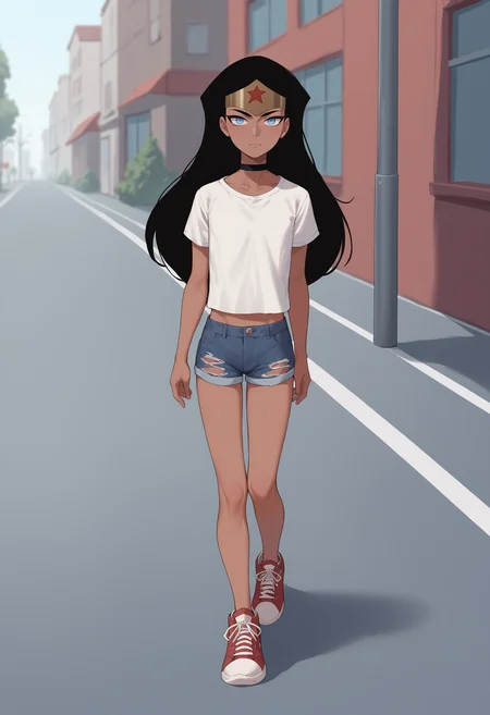 score_9, score_8_up, score_7_up, score_6_up, score_5_up, score_4_up, BREAK, source_anime,
1girl, wonderwoman walking in the street, black hair, long hair, blue eyes, dark skin, flat chest,
chocker, white shirt, denim shorts, sneakers,
solo, full body, looking at viewer, street background <lora:WonderWomanKidsXL:1>