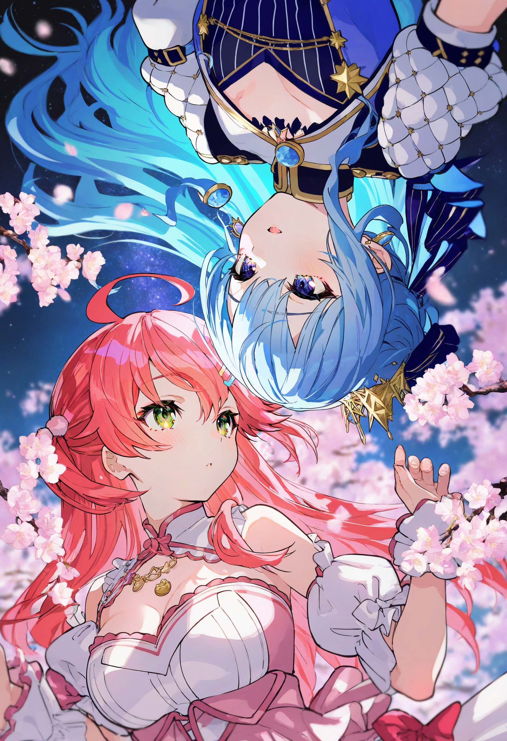 artist:[nobusawa osamu|yoneyama mai|fuzichoco|mika pikazo],
hoshimachi suisei \(stellar into the galaxy\), sakura miko \(flower fantasista!\), sakura miko, 2girls, blue hair, cherry blossoms, hoshimachi suisei, pink hair, pink dress, ahoge, sitting, white gloves, open mouth, tree, smile, starry sky, layered dress, night sky, blush, dappled sunlight, branch,
split theme, blue theme, pink theme, circle formation, rotational symmetry, 
masterpiece, best quality, very aesthetic, absurdres
<lora:noobai_vpred_1_masterpieces_v23:1>