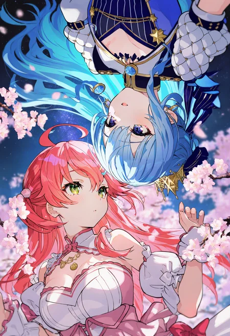 artist:[nobusawa osamu|yoneyama mai|fuzichoco|mika pikazo],
hoshimachi suisei \(stellar into the galaxy\), sakura miko \(flower fantasista!\), sakura miko, 2girls, blue hair, cherry blossoms, hoshimachi suisei, pink hair, pink dress, ahoge, sitting, white gloves, open mouth, tree, smile, starry sky, layered dress, night sky, blush, dappled sunlight, branch,
split theme, blue theme, pink theme, circle formation, rotational symmetry, 
masterpiece, best quality, very aesthetic, absurdres
<lora:noobai_vpred_1_masterpieces_v23:1>