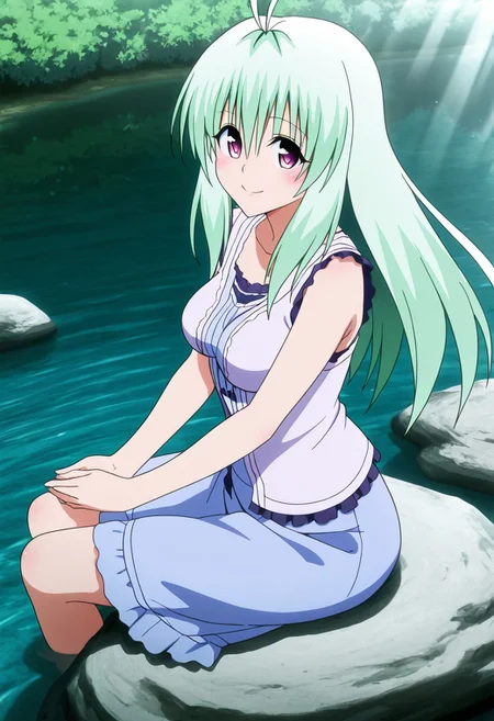masterpiece, best quality, medium breasts, anime screenshot, to love-ru, to love-ru darkness, absurdres, highres, smile, solo,
run elsie jewelria, long hair, purple eyes, green hair, antenna hair, ahoge, hair between eyes, mature female, breasts, anime screencap,
sitting on a rock, lakeside, gentle breeze, reflective water, warm sunlight, relaxed expression, looking at viewer, smile, side view, from above, Sitting on a smooth rock by the crystal-clear lake, she leans back on her hands, letting out a soft sigh of contentment. The afternoon sun glistens on the rippling water, creating shimmering reflections that dance across her clothes. hair sways in the light breeze.