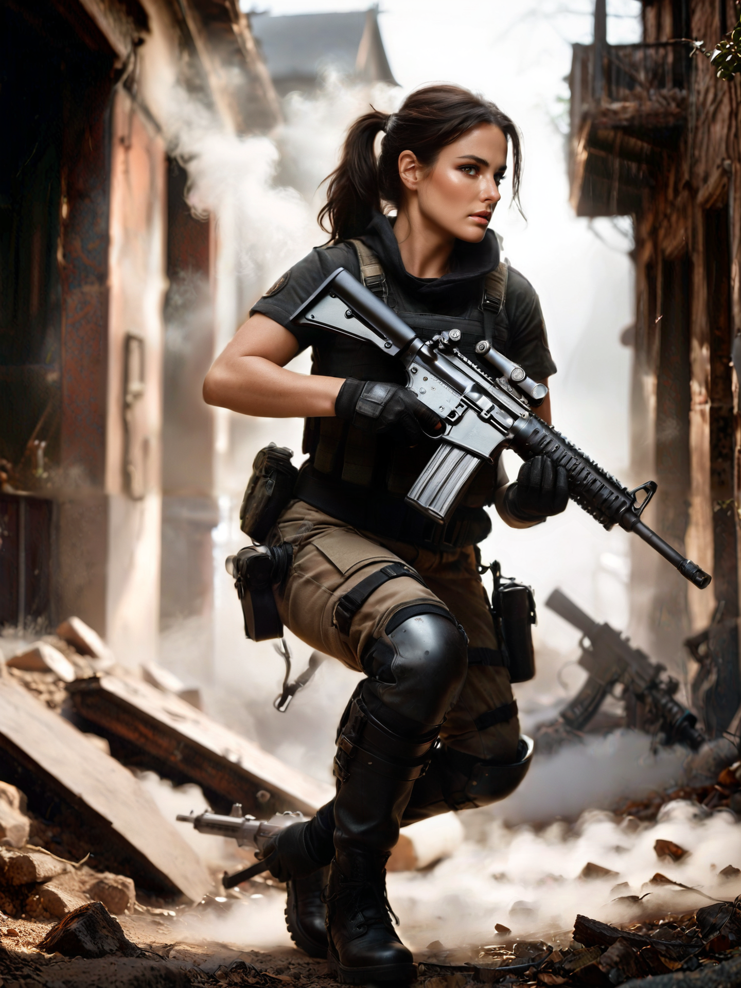 cinematic film still a woman in a military uniform holding a rifle in a street with buildings in the background and a building with a sign on it, Aramenta Dianthe Vail, action pose, a character portrait, arabesque . shallow depth of field, vignette, highly detailed, high budget, bokeh, cinemascope, moody, epic, gorgeous, film grain, grainy