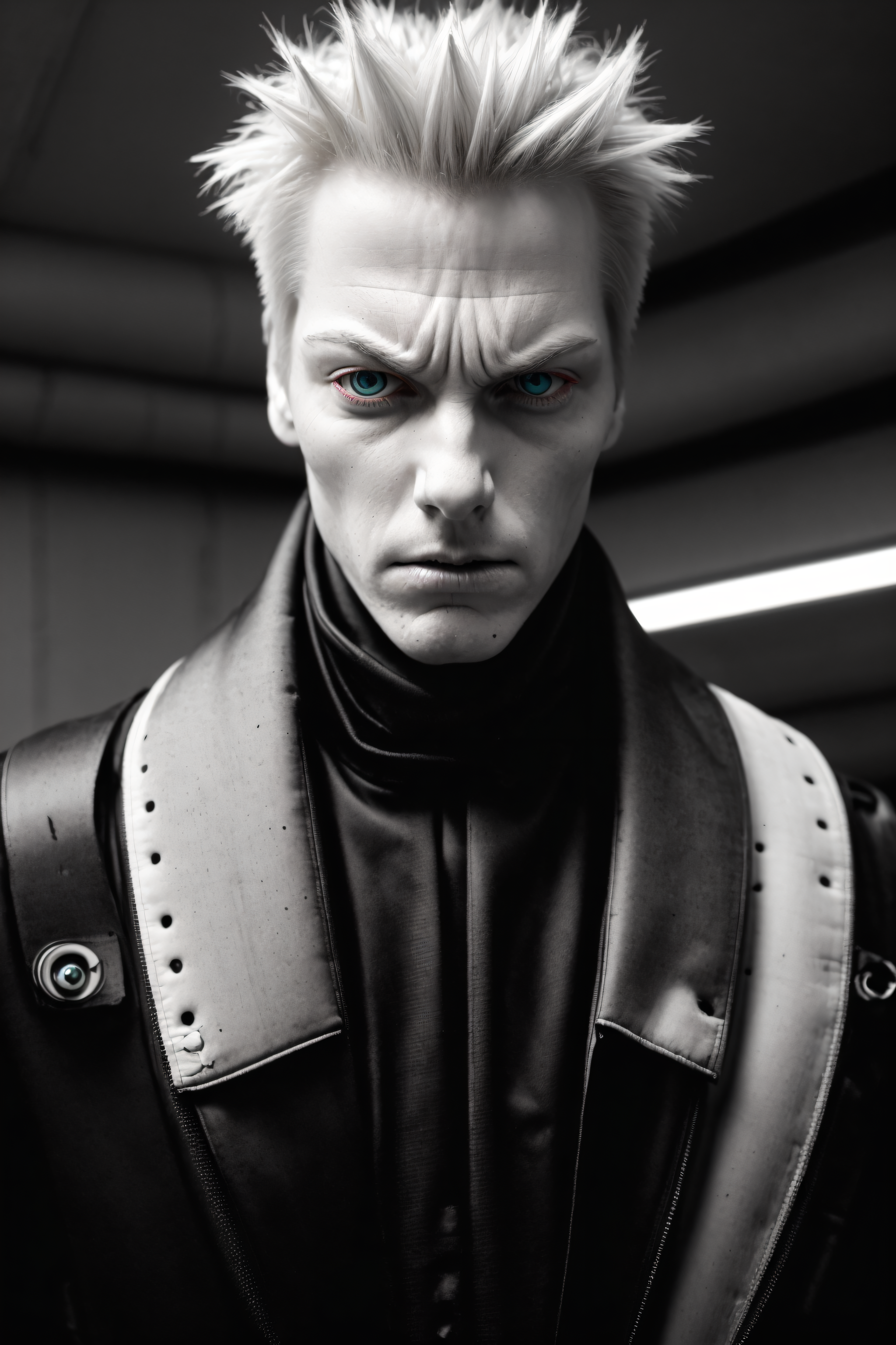 dark colors,RAW photo,realistic,detailed,8k uhd, dslr,sharp,volumetrics dtx,soft lighting,futuristic, (dhomochevsky), man, strong, manly,((pale skin)),(((one closed eye))), spiked hair, white hair, looking at viewer,((facing viewer)), close-up,(angry, expressionless:1.2),closed mouth,portrait, tubes, concrete, mega structures,decrepit scenery, <lora:blamev2:0.8>