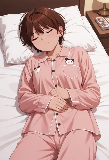 Masterpiece, Highest Quality, Score_9, Score_8_up, Score_7_up,
source_anime. anime style. masterpiece, highres, absurdres. Best resolution
anime screencap, song jiwoo. 1girl. brown hair. short hair. gray eyes. tomboy. bedroom. sleeping. closed eyes. Lying position. pajamas.
pink clothes