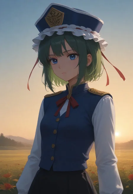 1girl, solo, solo focus, highres, absurdres, shikieiki, green hair, frilled hat, blue eyes, blue headwear, short hair,
long sleeves, black skirt, white shirt, blue vest, red ribbon, epaulettes, small breasts,
looking afar,
dusk, flower field, red spider lily, gradient sky, backlighting,