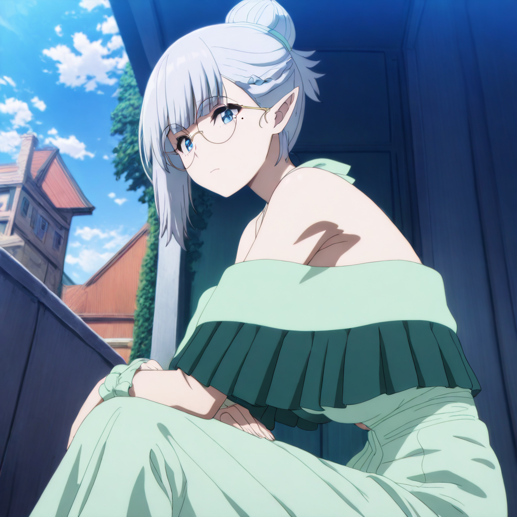 solo,looking at viewer,masterpiece,high score,great score,absurdres,anime coloring,<lora:BetaV3 ag4o:1> betakage, pointy ears, grey hair, short hair, blue eyes, mole under eye,hair bun,green dress,green skirt,bare shoulders,round eyewear,outdoors,