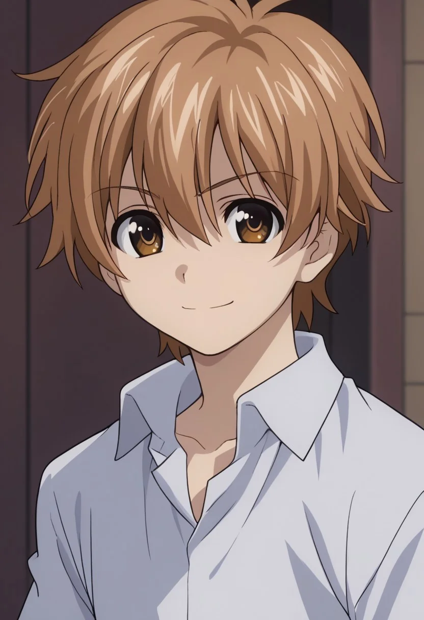 score_9, score_7_up, source_anime
miwahiro, 1boy, male focus, solo, brown eyes, brown hair, hair between eyes, school uniform, shirt, collared shirt, white shirt, short sleeves, smile, standing, upper body
outdoor,