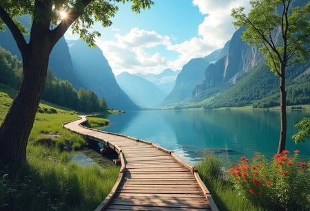wooden planks make up a walkway leading to a beautiful lake along side stunning fauna and flora, , landscape photography, vast vistas, natural beauty, dynamic compositions, captivating scenery, immersive, serene