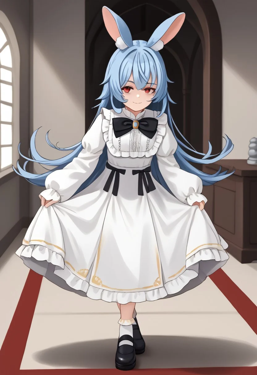 1girl, solo, Nanobites, animal ears, long hair, blue hair, rabbit ears, animal ear fluff, red eyes, bangs, very long hair,
bow, dress, white dress, black bow, long sleeves, frills, sleeves past wrists, puffy sleeves,
indoors, red carpet, shoes, socks, black footwear,
skirt hold bowing, crossed legs, leaning forward, looking at viewer, smile, closed mouth,