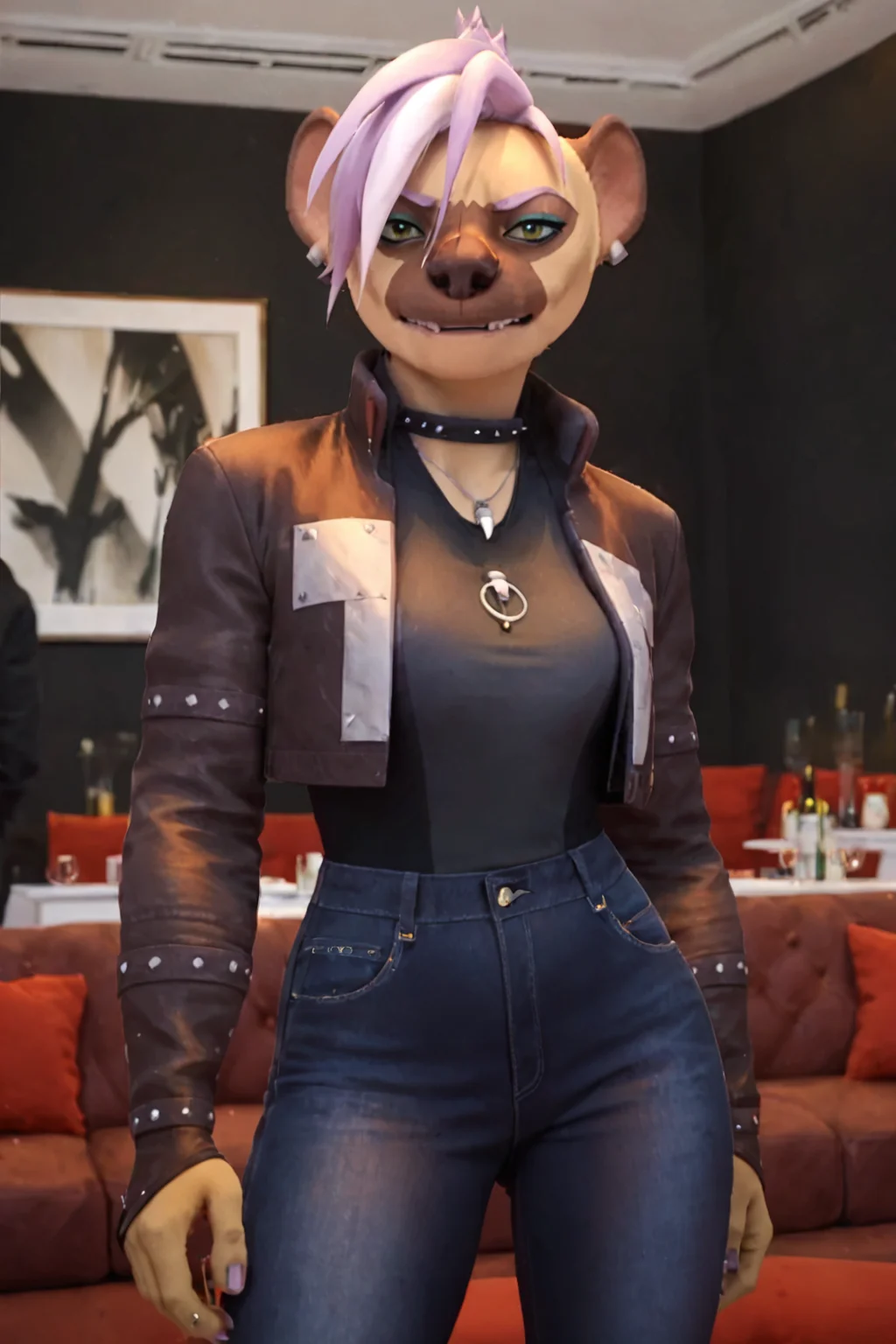 score_9, score_8_up, score_7_up, smirk, anthro, furry, Hyena, multicolored hair, lilac hair, green eyes, cropped jacket, black jacket, pants, dark brown fur on the outside of her ears, standing, dimly lit bedroom background <lora:Vyxx_Rimba_Racer_PonyXL:1>