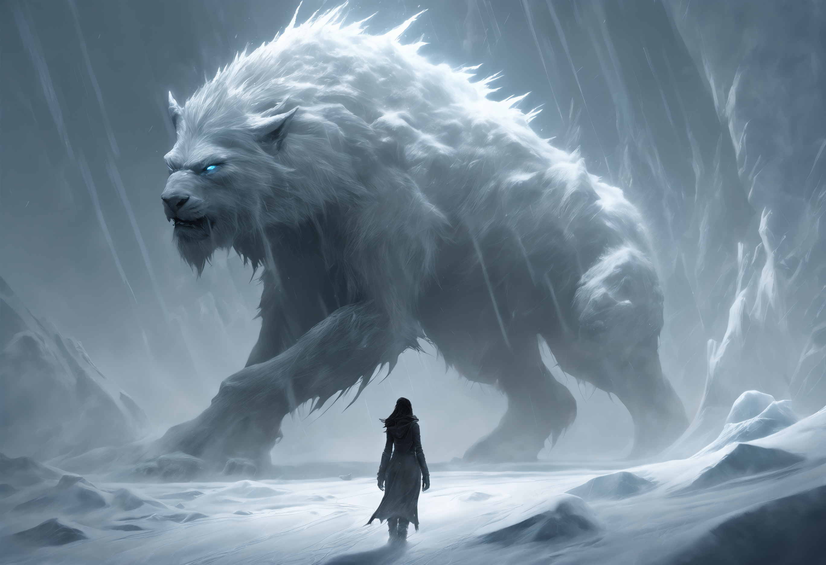 The monochromatic painting decipts two creatures, a wanderer observing a colossal frost-giantess of supernaturally beautiful appearance. She is walking barefoot through the snow. The background is dominated by ice and snow, creating a cold and hostile atmosphere. A blizzard rages and envelops the scene, adding to the intensity. The blizzard makes her appearance even more dramatic.

concept art, photo bashing, digital painting, matte painting, megascans, octane rendering, god rays, ray tracing, lumen, high-resolution
