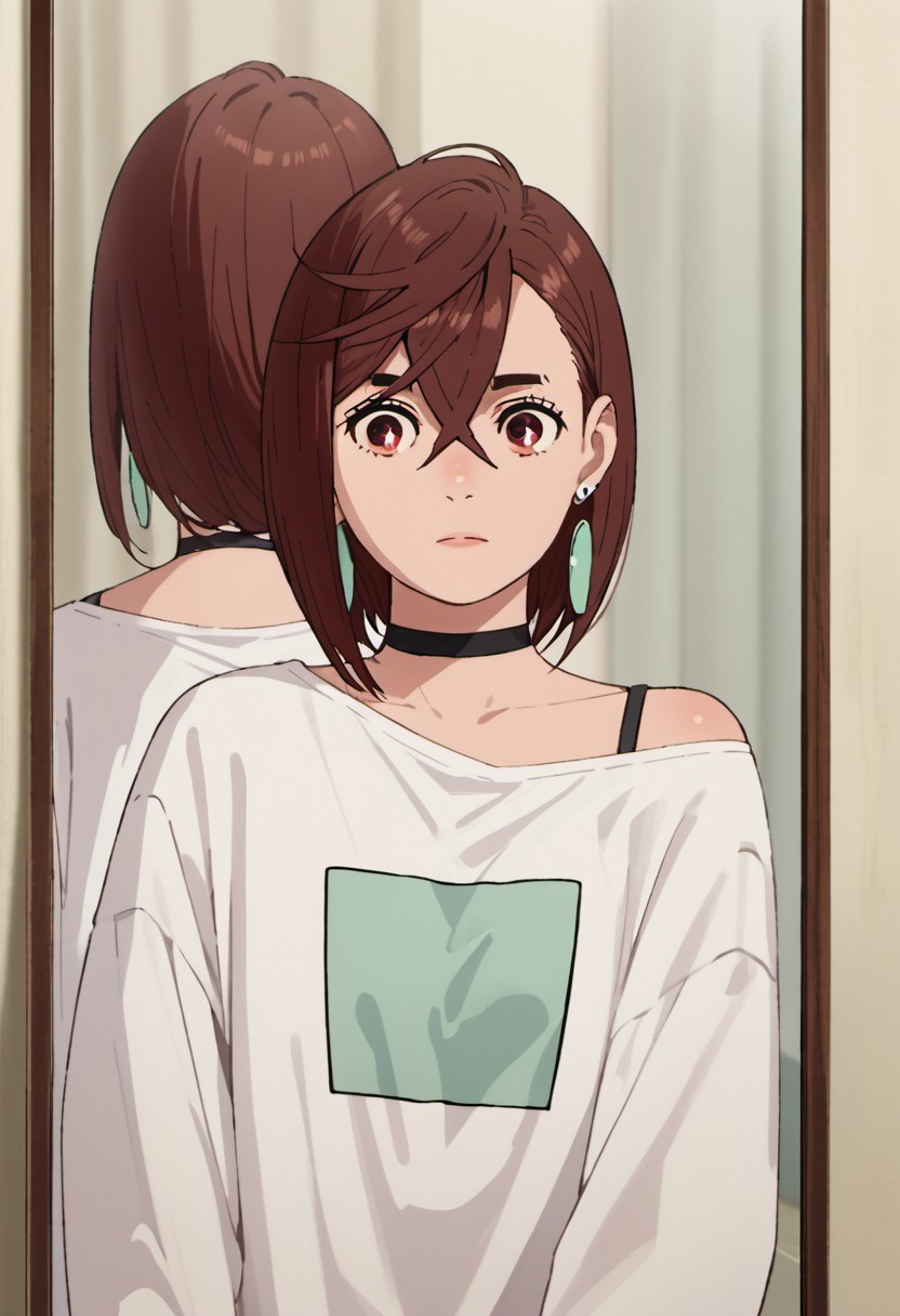 score_9, score_8_up, score_7_up, source_anime, ayase momo, auburn hair, short hair, brownish crimson eyes, 1girl, solo, choker, shirt, earrings, reflection, jewelry, hair between eyes, white shirt, black choker, off shoulder