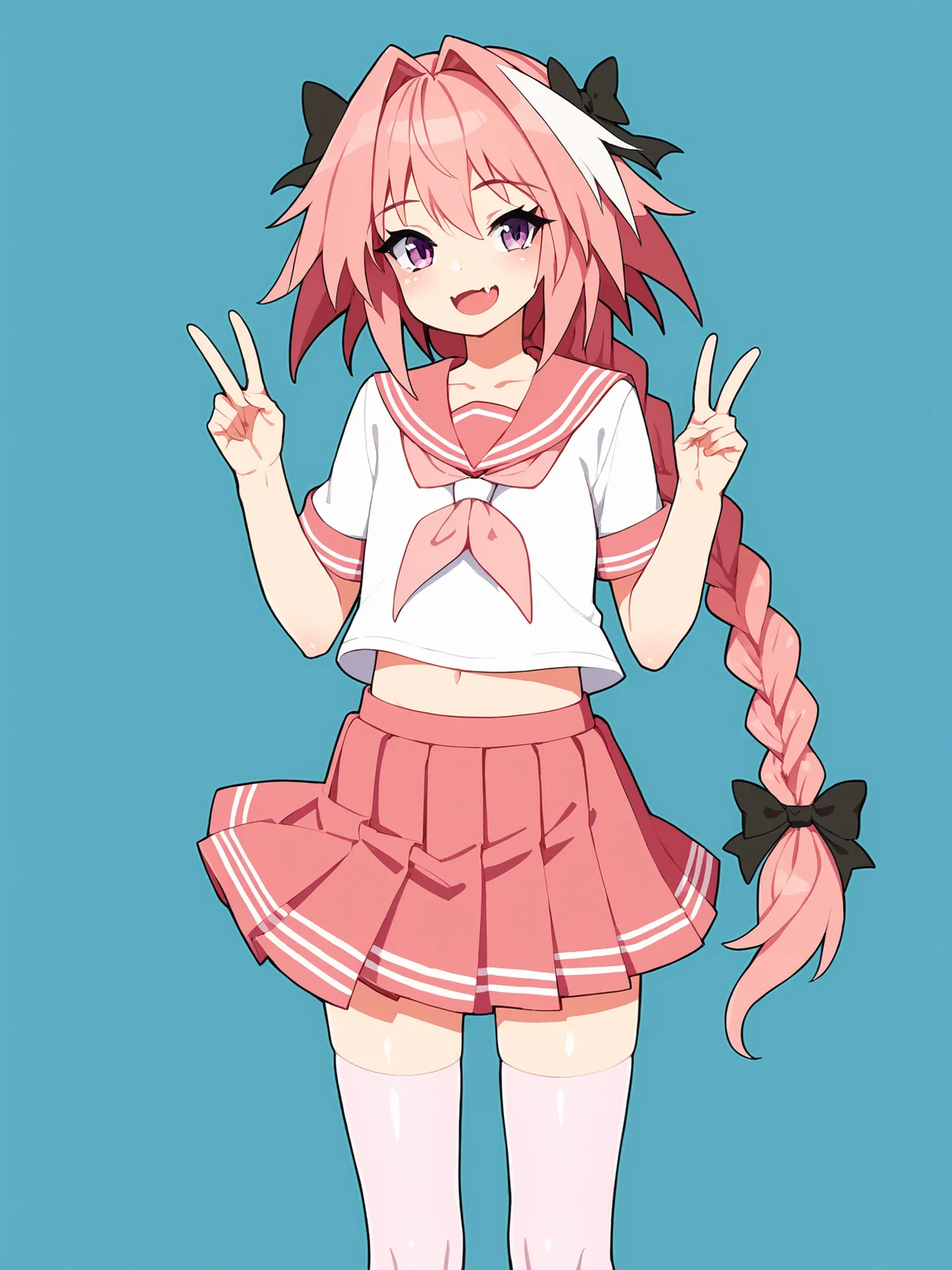 score_9, score_8_up, score_7_up, score_6_up, score_5_up, score_4_up, rating_safe
BREAK
astolfo \(fate\), otoko no ko, pink hair, braid,
BREAK
solo, standing, flat chest, pink serafuku, white shirt, pink thighhighs, pink skirt, peace sign,
BREAK
white background, <lora:Lunas-TenakoMugu77-SDXL-A1:1>