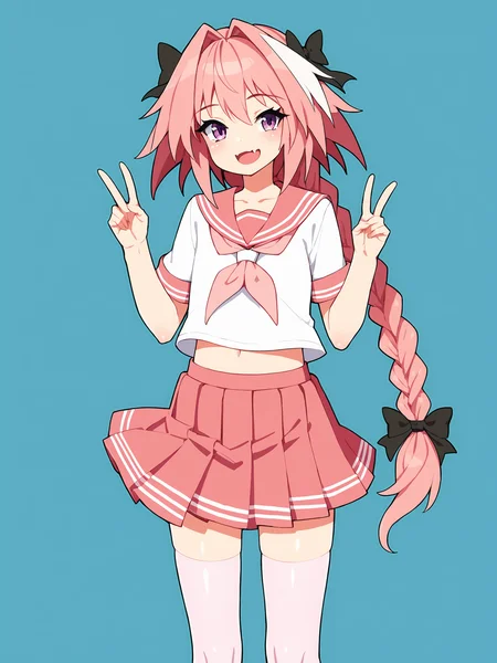score_9, score_8_up, score_7_up, score_6_up, score_5_up, score_4_up, rating_safe
BREAK
astolfo \(fate\), otoko no ko, pink hair, braid,
BREAK
solo, standing, flat chest, pink serafuku, white shirt, pink thighhighs, pink skirt, peace sign,
BREAK
white background, <lora:Lunas-TenakoMugu77-SDXL-A1:1>